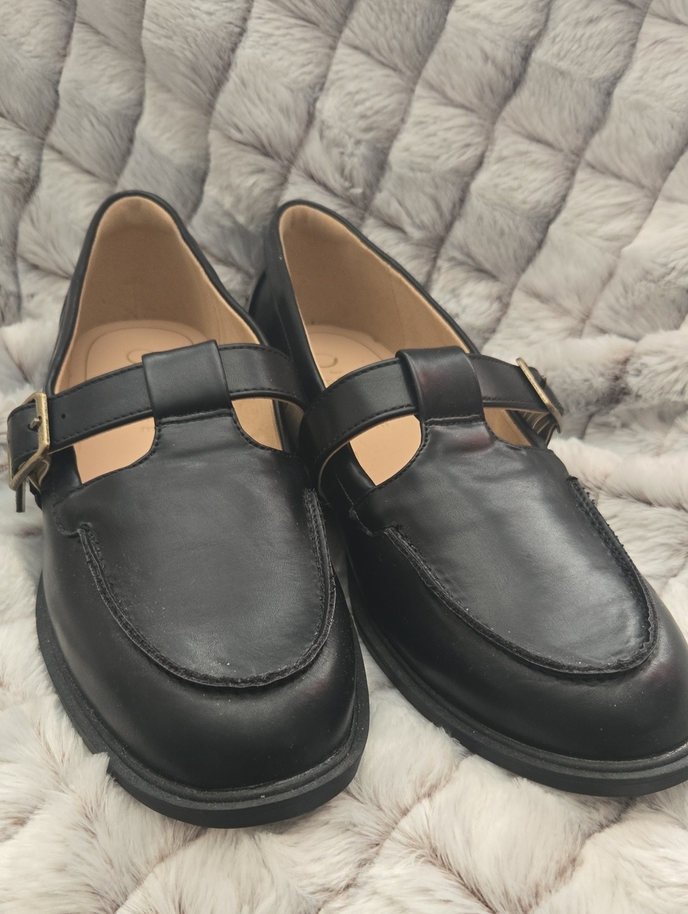 Journee Collection Black T-Bar Leather Loafers with Gold Buckle